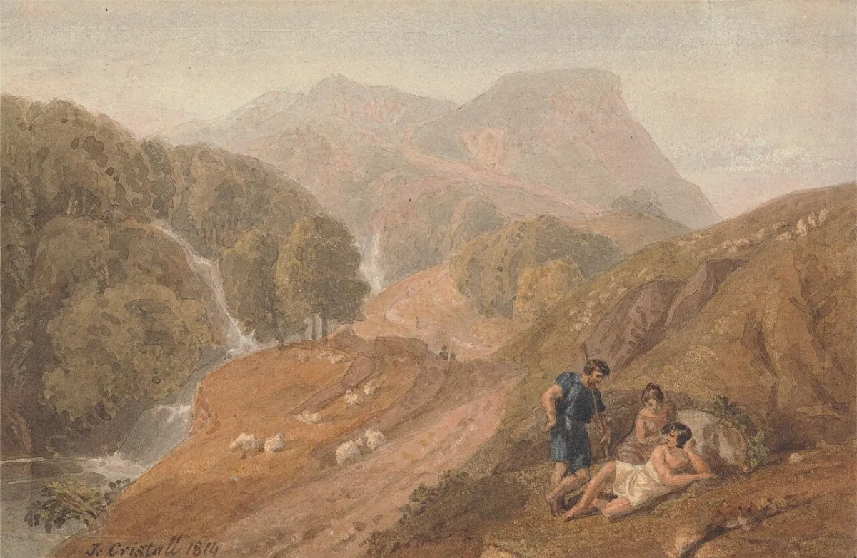 Aquarel landschap met bergen en herders op een heuvel