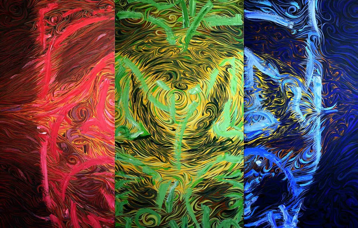 Abstract olieverfschilderij triptiek met wervelende penseelstreken in rood, groen en blauw
